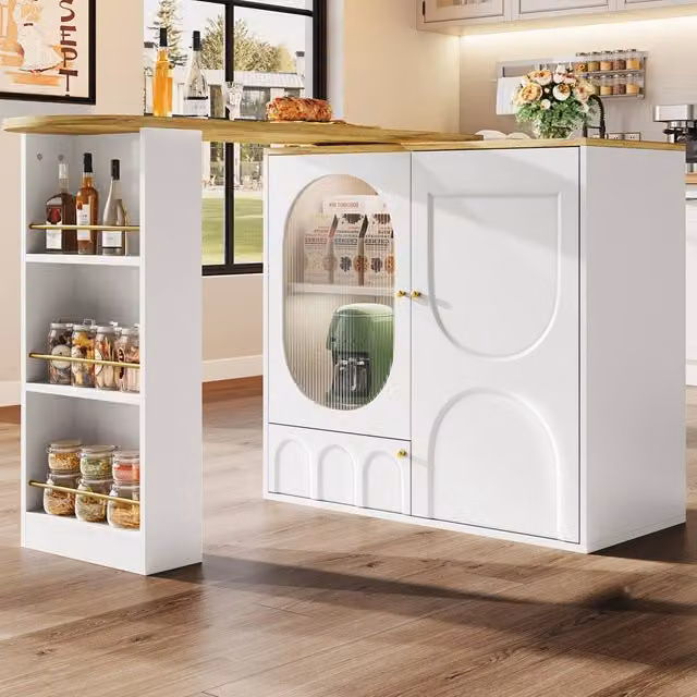 Merax White Glossy Rotating Bar Table with Glass Door Storage and MDF and Metal Construction