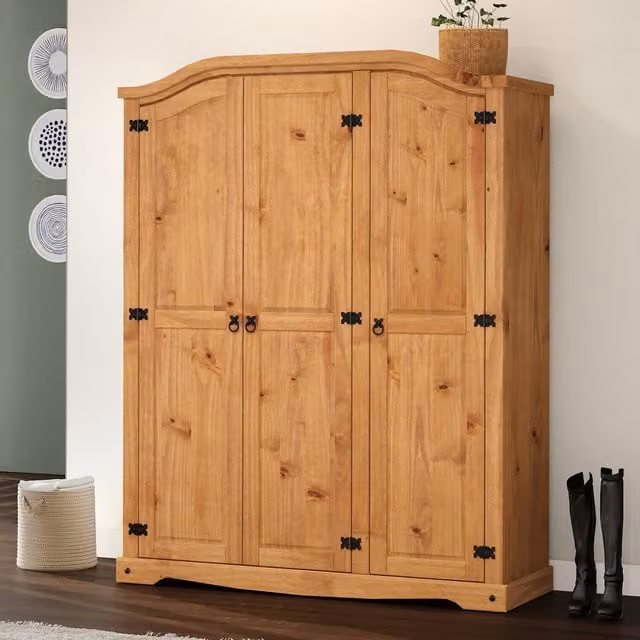 Mercers Furniture Corona 3 Door Arch Top Wardrobe in Antique Waxed Solid Pine Wood, H 190 cm x W 149 cm x D 51 cm – 1
