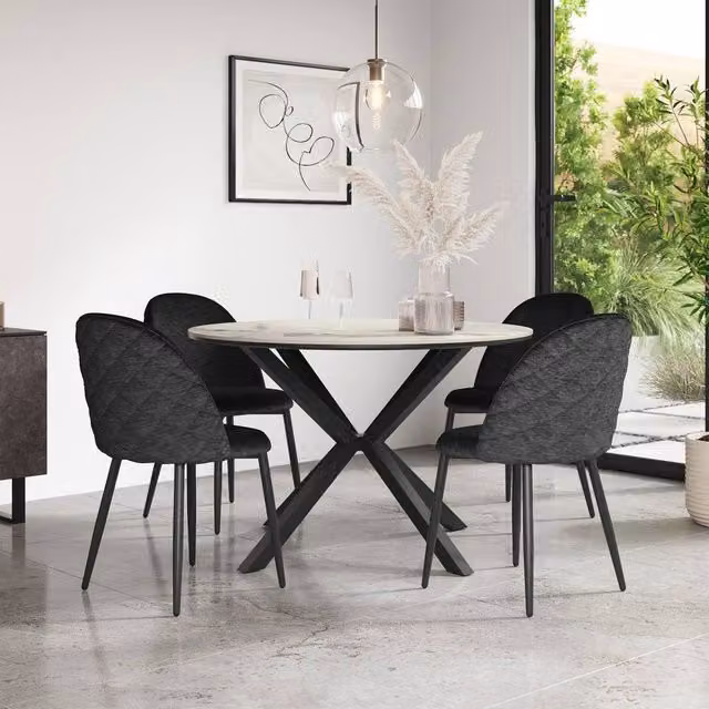 More4Homes Calne Calcutta Gold Ceramic Round Dining Table and 4 Raye Black Velvet Chairs, Diameter: 120 cm, Height: 75 cm