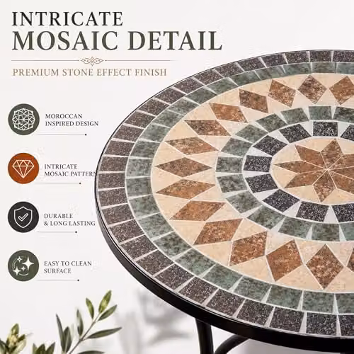 Shatchi Mosaic 3 Piece Bistro Set with Metal Chairs and 60cm Table in Multicolour – 2