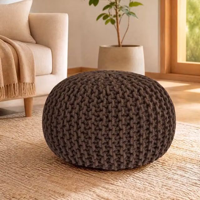 Bravich Brown Chunky Knitted Cotton Pouffe