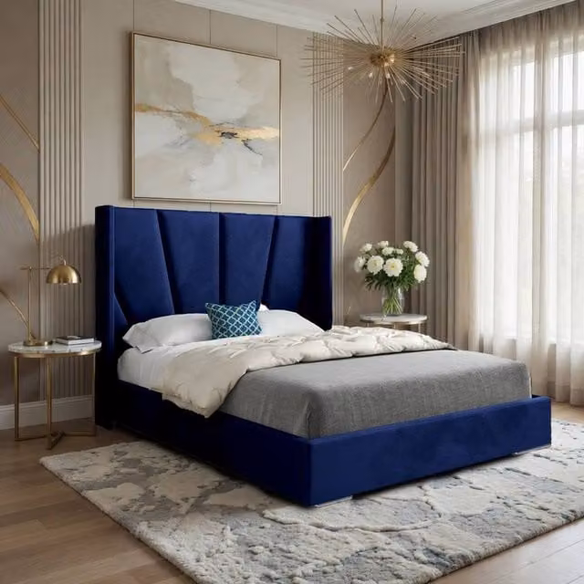 KDMD Godmanchester King Size Upholstered Curved Bed Frame in Blue Soft Velvet – 1