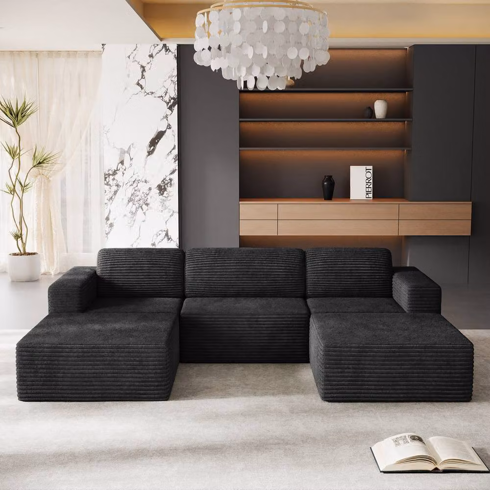 Dprodo Black Corduroy Modular U-Shape Sofa with Matching Ottoman and Removable Covers – 7