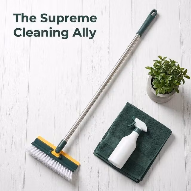 KORVIXA 3-in-1 Green Bathroom Floor and Wall Brush with Telescopic Handle and Scraper, W/D/H: 100 x 100 x 100 cm