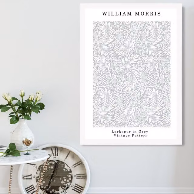 ARTZE William Morris Larkspur Floral Art Print in Grey with White Frame, A2