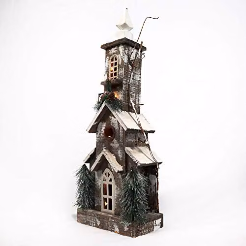 SHATCHI Vintage Wooden Holy Church Tabletop Christmas Decoration with Warm White LEDs, Brown, Height: 66 cm – 2