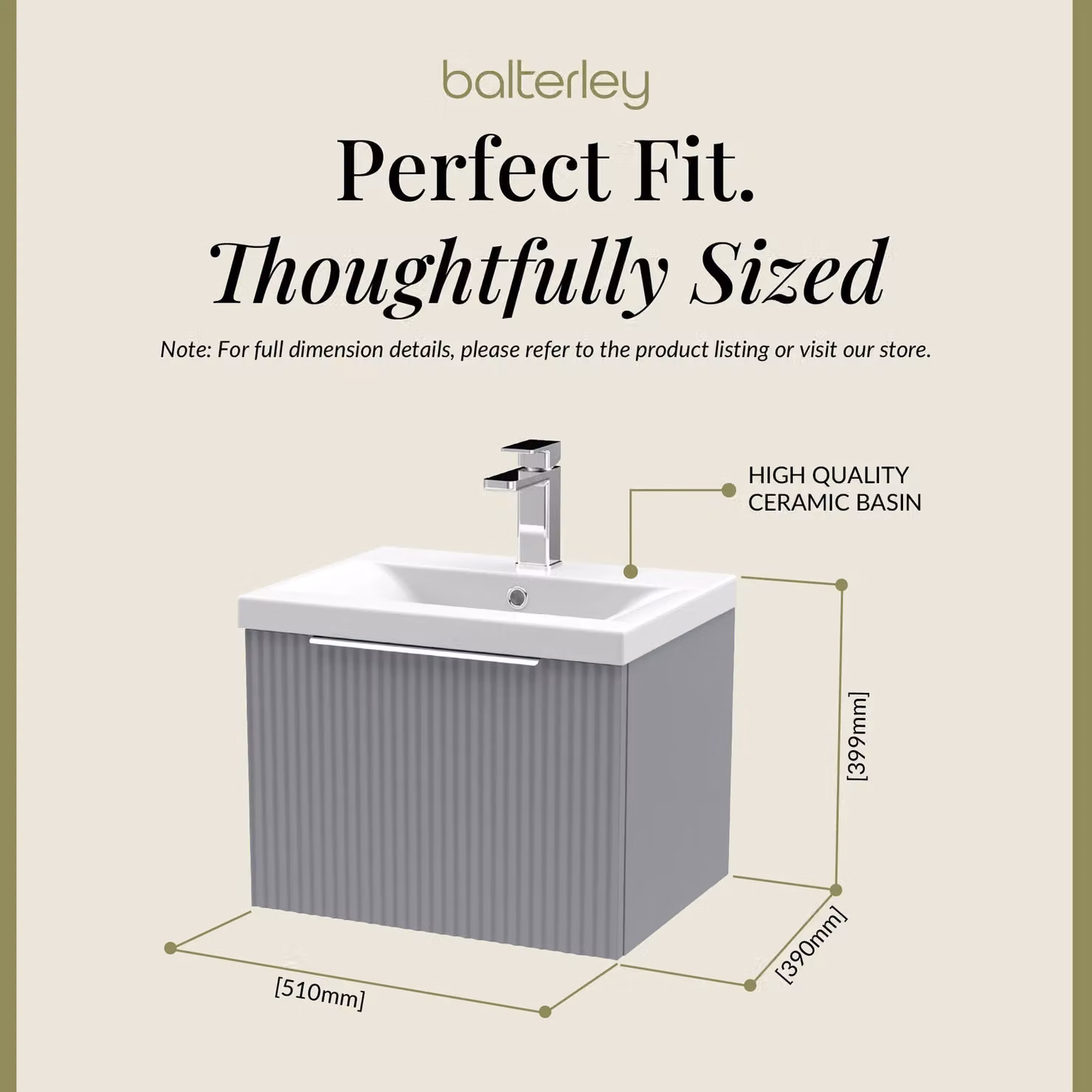 Balterley Fluted Wall Hung 1 Drawer Vanity Basin Unit and Ceramic Basin, Satin Grey, Width: 500 mm – 2