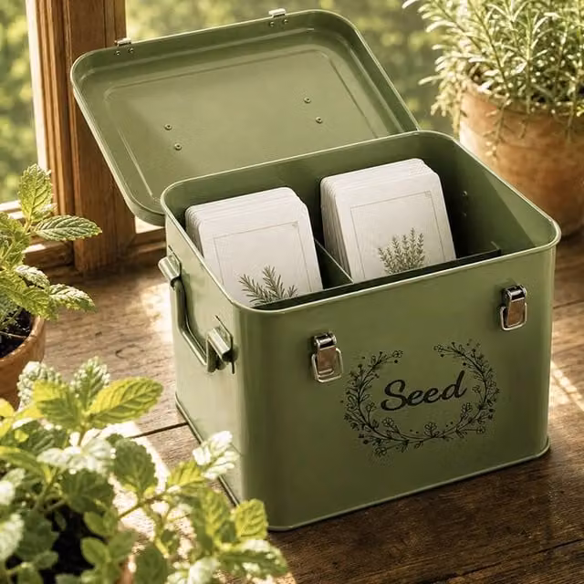 Toque Green Metal 3 Compartment Seed Storage Box Organiser with Handles