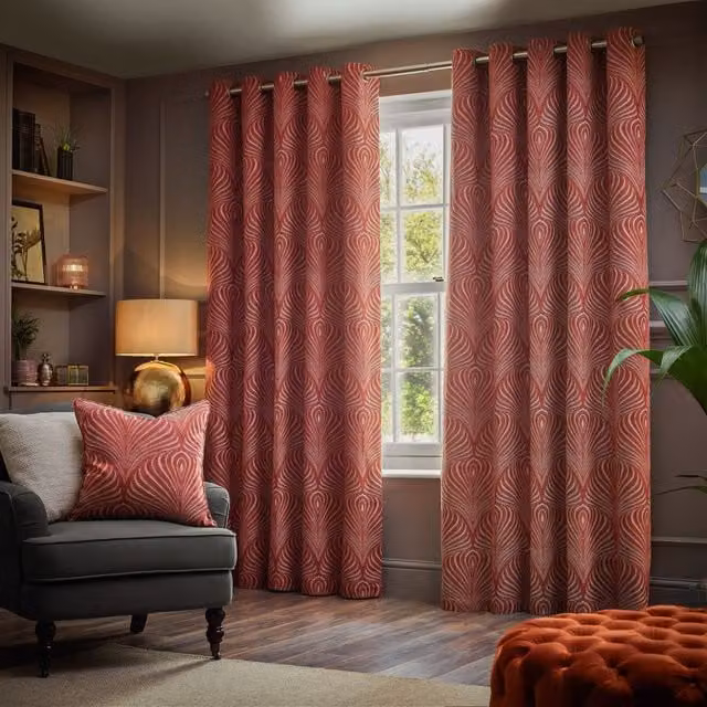 Paoletti Gatsby Art Deco Jacquard Eyelet Curtains in Terracotta and Gold, Width: 117 cm, Drop: 183 cm