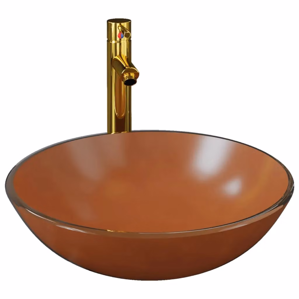 Berkfield Home Round Brown Tempered Glass Countertop Bathroom Sink with Tap and Push Drain – 2
