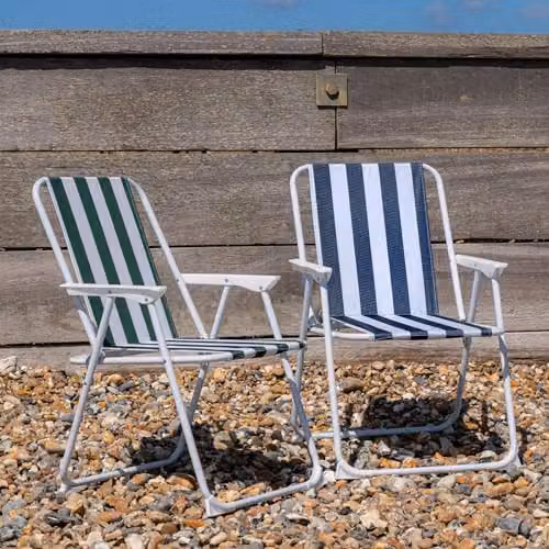 Harbour Housewares Folding Metal Beach Deck Chairs in Blue and Green Stripe, Pack of 2