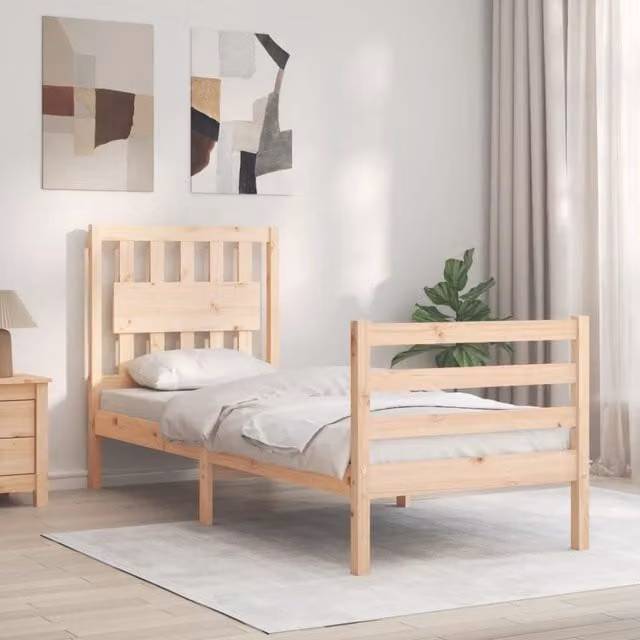 Berkfield Home Small Single Solid Wood Bed Frame with Headboard in Brown, W/D/H: 80 x 160 cm – 1