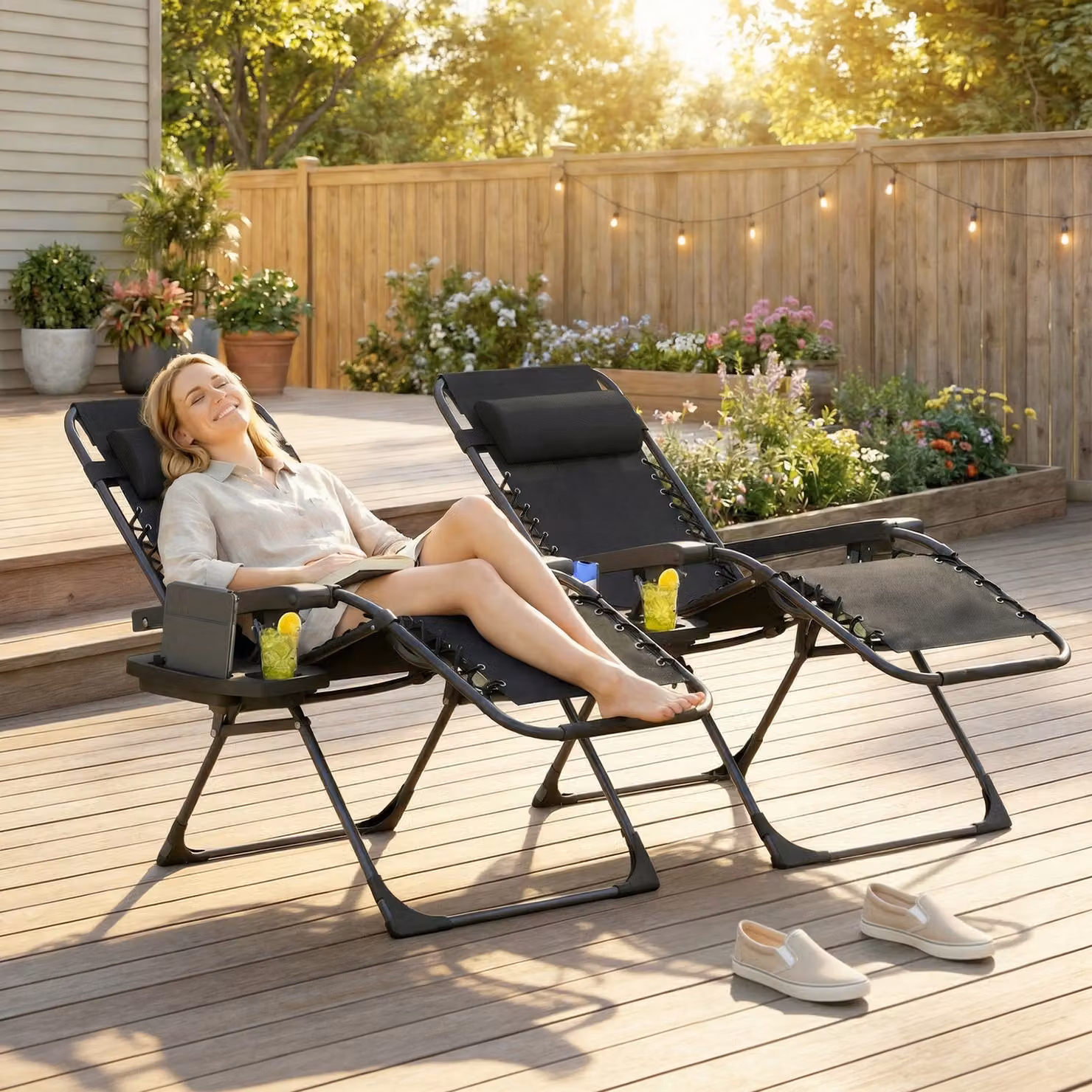 Outsunny Set of 2 Black Zero Gravity Folding Sunloungers with Adjustable Headrest and Cup Holders – 2