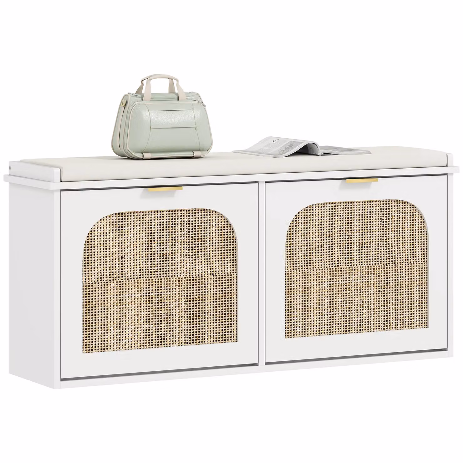 HOMCOM Boho White Shoe Bench with Padded Fabric Seat and Rattan Flip-Drawers – 2