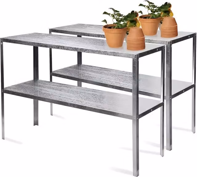 Lacewing Twin Pack of 2 Tier Traditional Solid Shelf Greenhouse Staging in Silver Metal