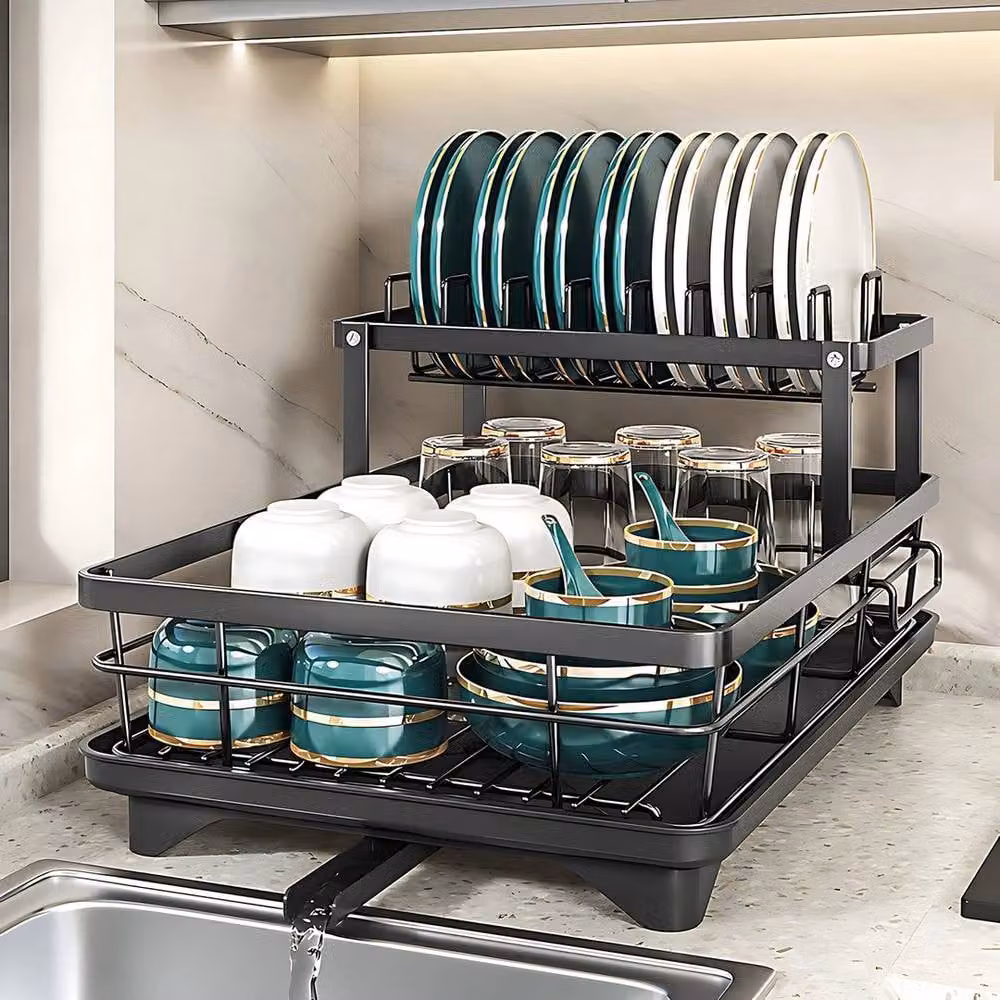 FORGEVIO 2-Tier Kitchen Sink Dish Drainer Rack in Black with Drip Tray and Cutlery Holder – 4