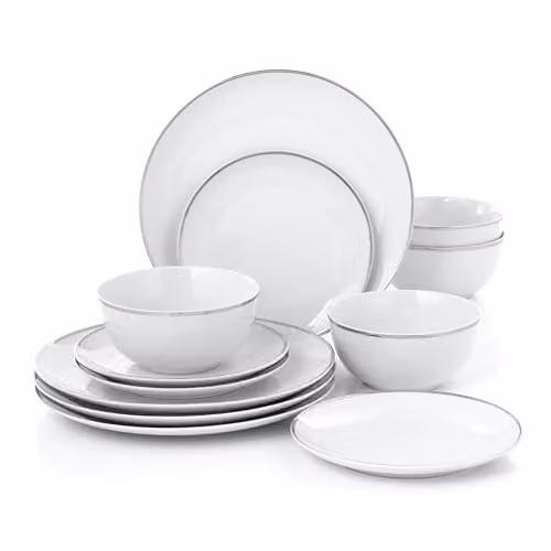 Waterside 12-Piece Silver and White Porcelain Dinner Set