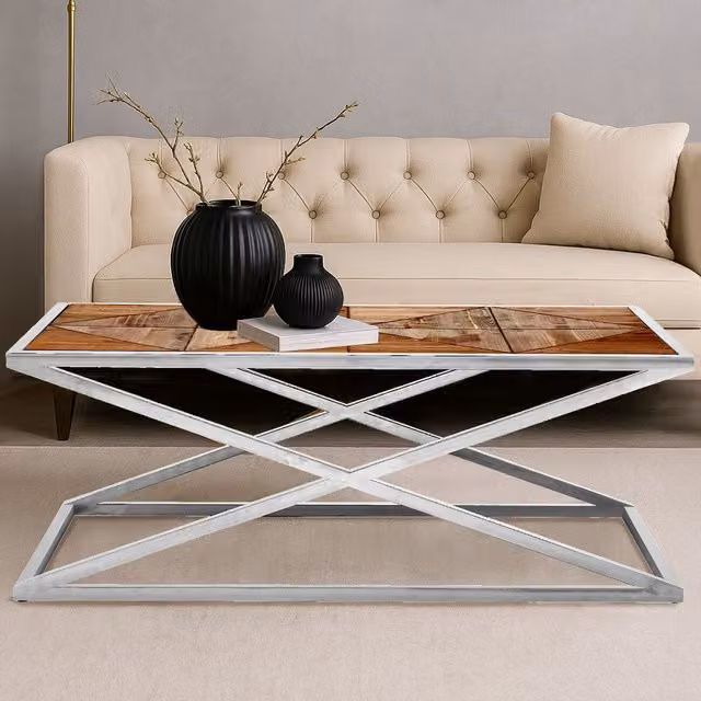 Orsina Industrial Rectangular Coffee Table with Wood Top and Silver Metal Frame in Brown and Silver – 2