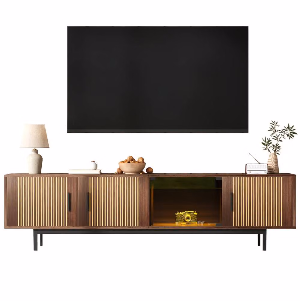STILVORA Modern TV Cabinet with LED Light Strip and Glass Doors in Brown Walnut Finish – 5