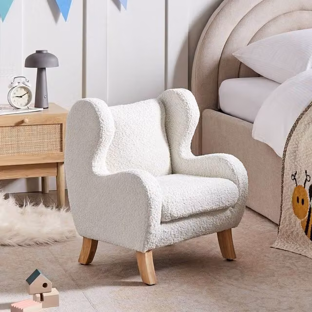 Wyld and Coco Nest and Nook Nursery Chair in Off-White Bouclé with White Rubberwood Armrests