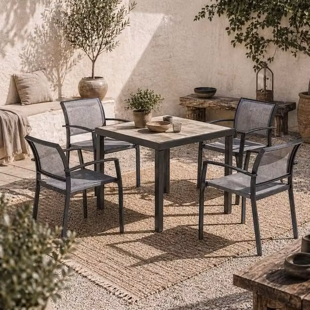 Wyld Haus Velo 4 Seater Grey Mesh Metal Frame Garden Dining Set with Arched Back