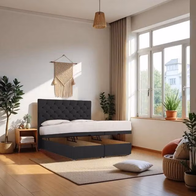 Knight Sleep Athens Double Ottoman Bed with Hybrid Mattress and 24 inch Headboard in Black