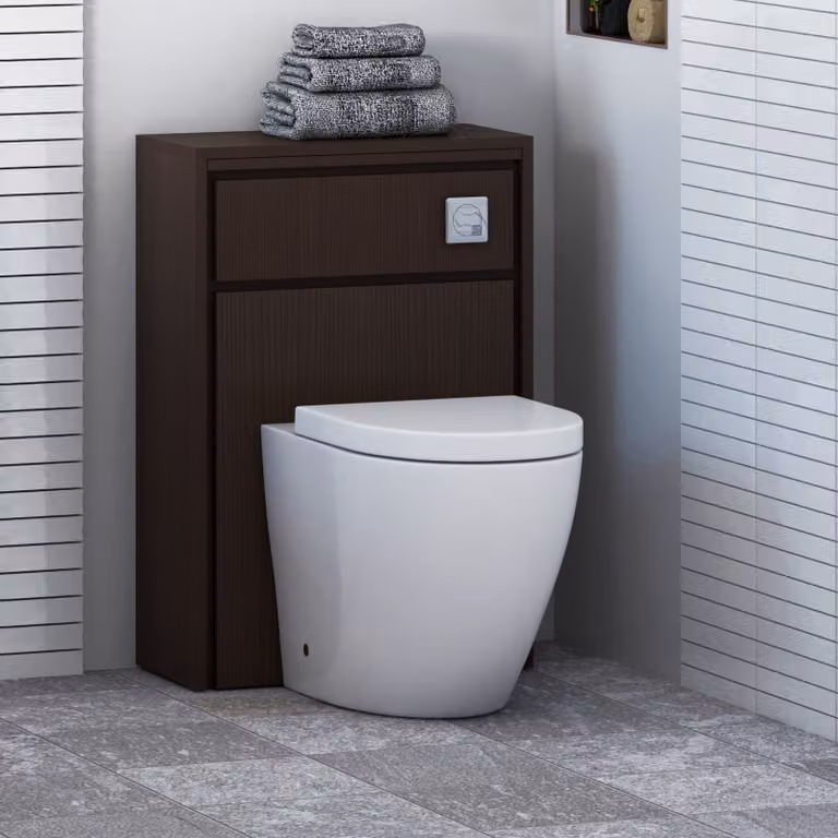 Livora Elva Wall Mounted BTW WC Unit in Walnut Woodgrain with Rimless Toilet Pan, Seat and Cistern, White and Brown