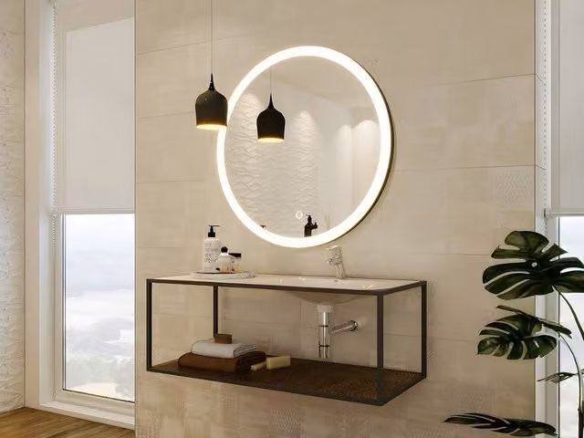NUMEA Round Illuminated Black Bathroom Mirror with LEDs, Diameter: 80 cm