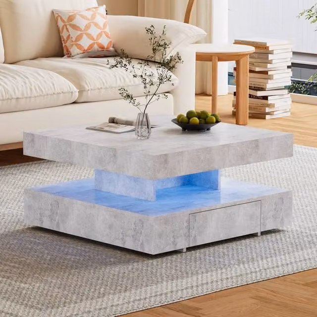 KEEPREAPER Modern Grey LED Coffee Table with 2 Storage Drawers – 1
