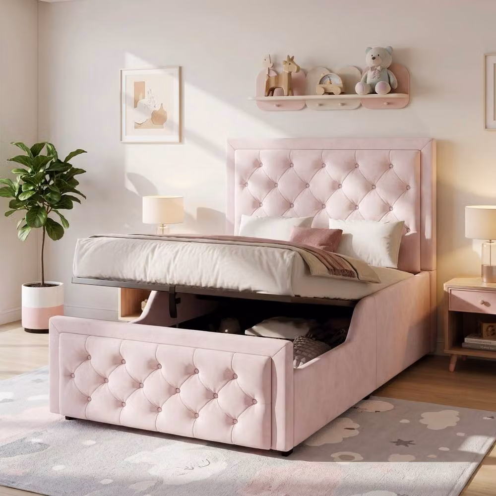 Merax Pink Velvet Upholstered Single Bed Frame with Hydraulic Lift-Up Storage, W/D/H: 90 x 190 cm – 2