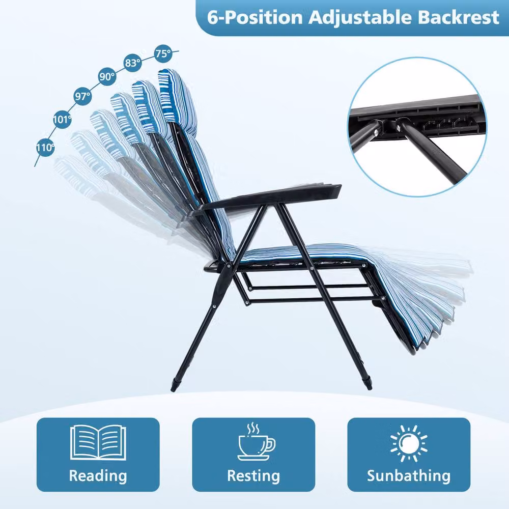 Gymax Blue Striped Foldable Sun Lounger Recliner with Adjustable Headrest and Armrests – 5