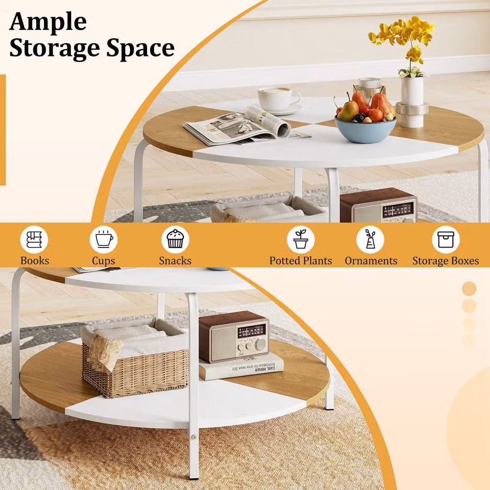 Costway 2-Tier Round Coffee Table with Shelf in White and Multicolour – 3