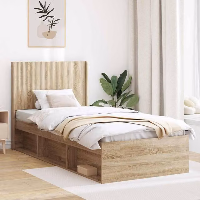 Berkfield Home Modern Bed Frame with Headboard and Side Compartment Storage, Sonoma Oak, Brown, W: 100 cm, L: 200 cm
