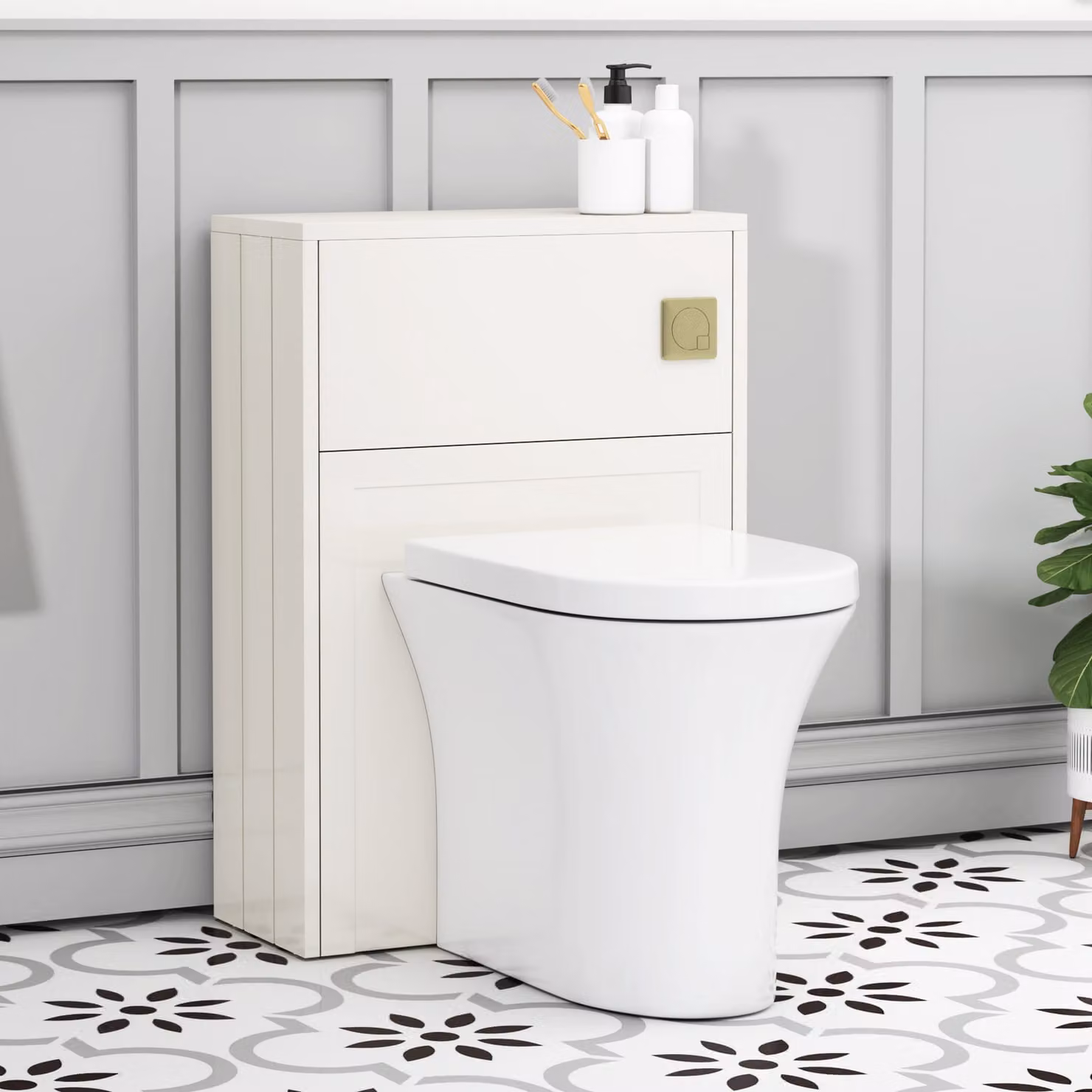 Royal Bathrooms Elmore White Ceramic BTW WC Unit with Breeze Rimless Toilet Pan, Seat and Cistern, Width: 55 cm