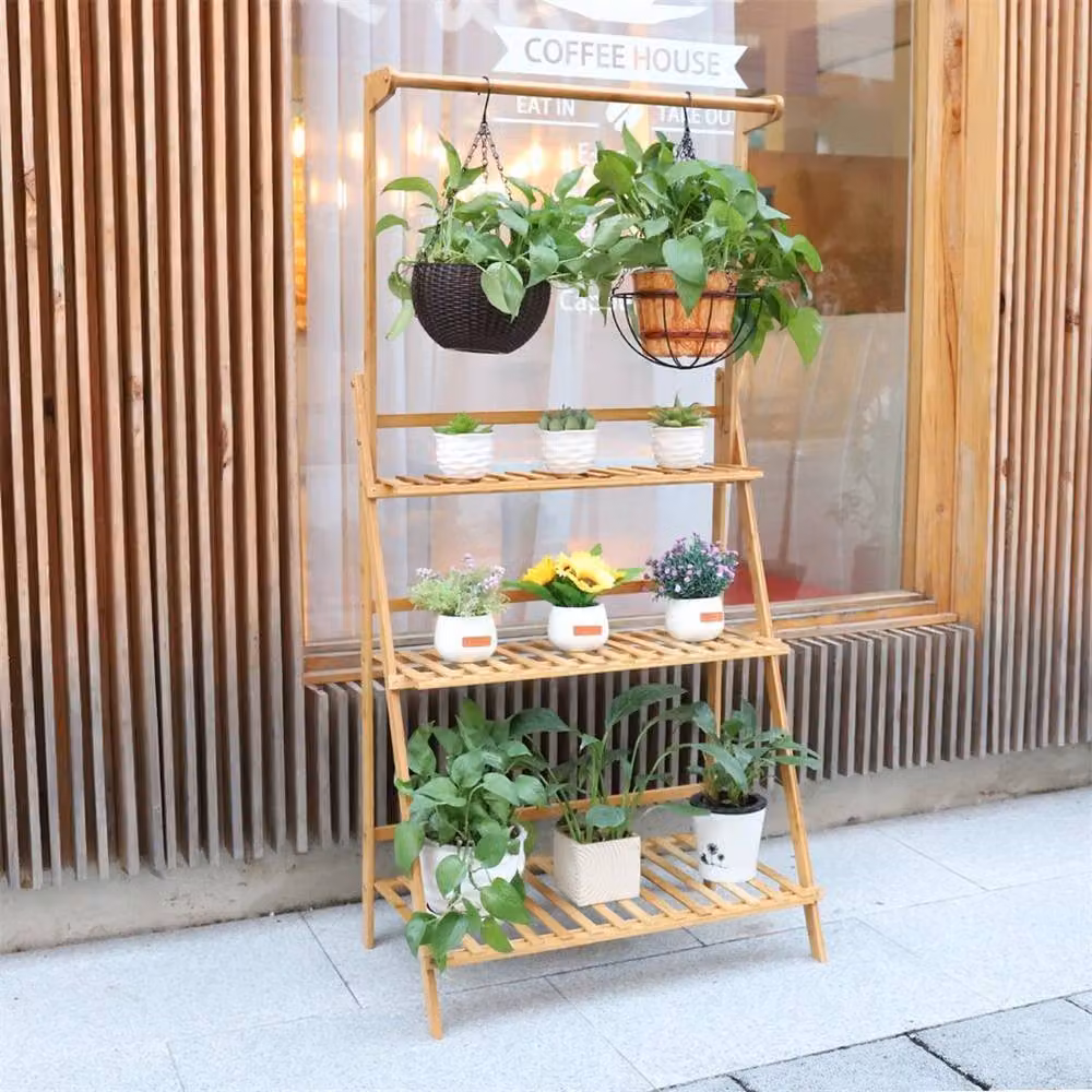 EONLION 3 Tier Ladder Fold Shelf with Hanging Rack in Brown – 3