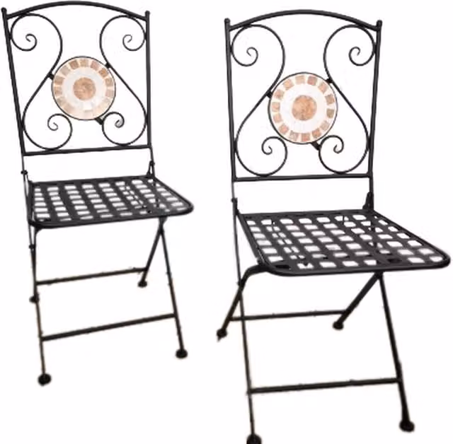 Samuel Alexander Set of 2 Black Metal Bistro Chairs with Geometric Mosaic Design and Matt Vintage Finish, H 90 cm x W 40 cm x D 40 cm