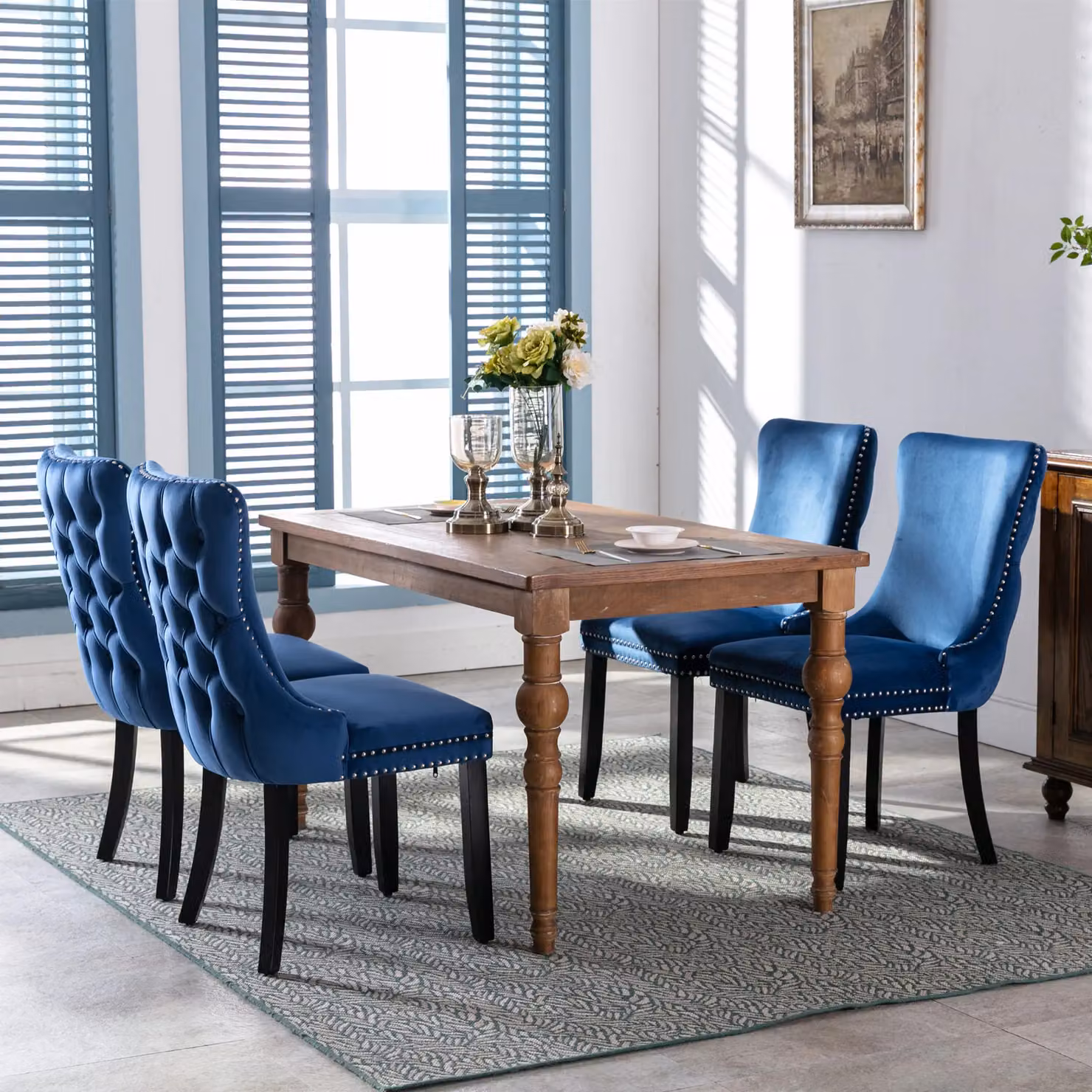 HomeTouch Sierra Set of 2 Blue Velvet Tufted Wing Back Dining Chairs with Oak Wood Legs – 2