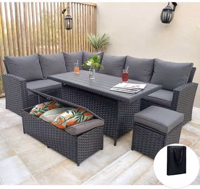 Furniture Maxi Rosen 9 Seater Rattan Garden Dining Set with Storage Bench and Stool in Black – 1