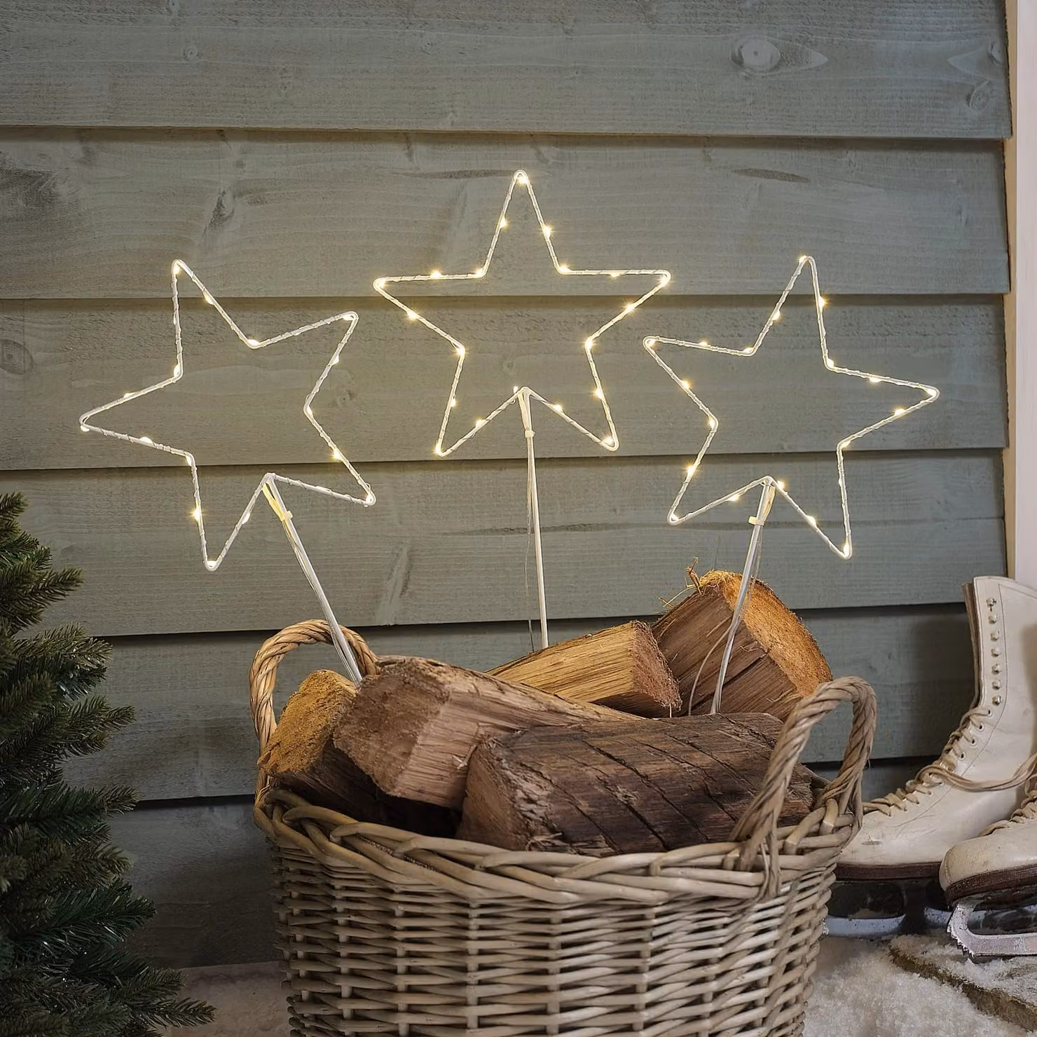 3 White Metal Star LED Garden Stake Lights with Warm White Glow