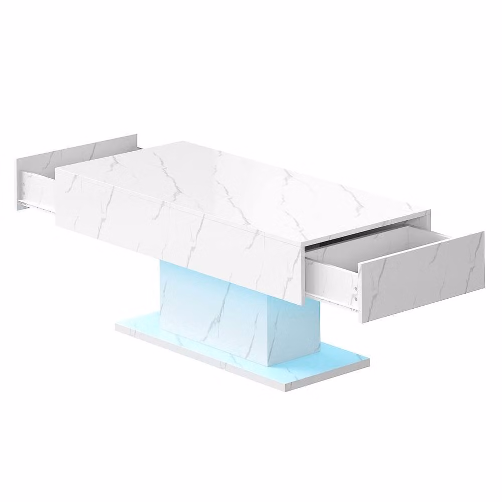KEEPREAPER Modern Marble Finish LED Coffee Table with 2 Storage Drawers in White, W/D/H: 110 x 55 x 50 cm – 1