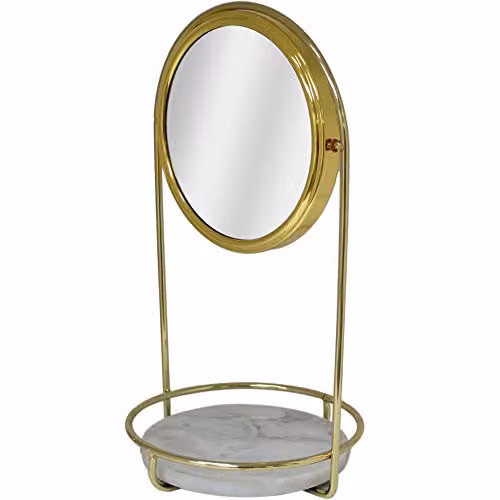 Maison Des Cadeaux Round Tabletop Vanity Mirror with White Marble Base and Gold Polished Frame, W/D/H: 30.0 x 17.0 x 30.0 cm – 3
