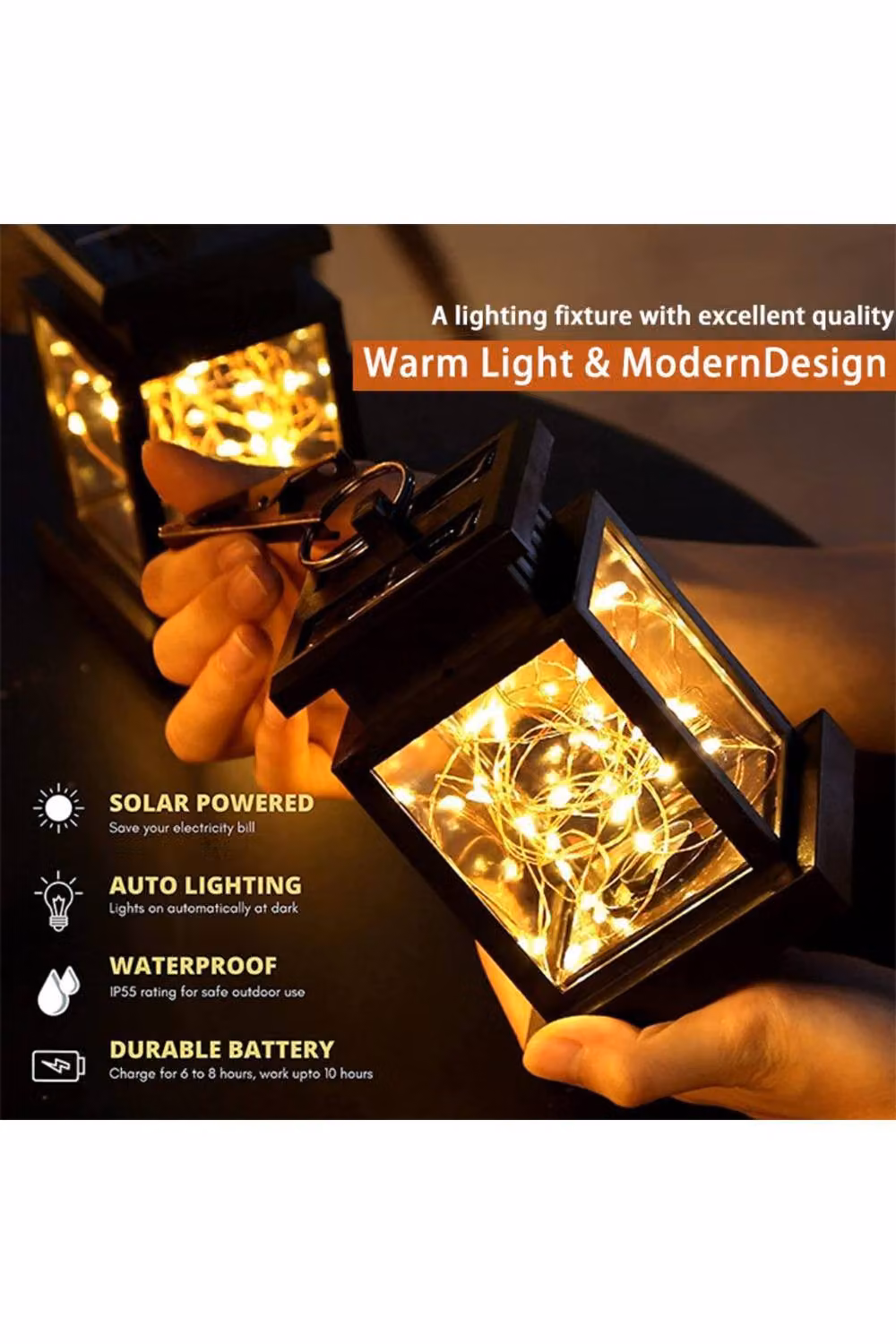 KDMD Solar Hanging Lantern Fairy Lights with Warm White LED, IP55 Waterproof, Black – 4