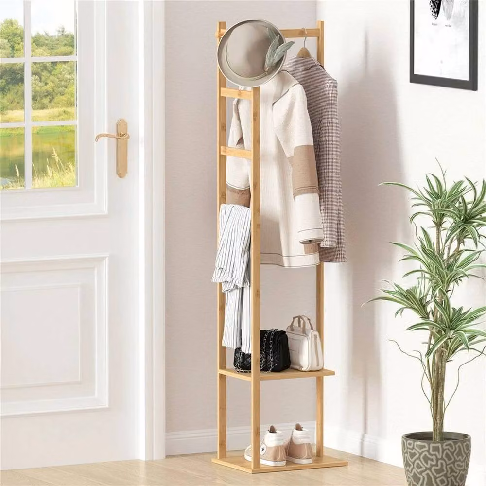 Kelvenix Industrial Coat Rack Stand with 8 Hooks and 4-Tier Storage Shelves in Natural Brown and Beige – 3