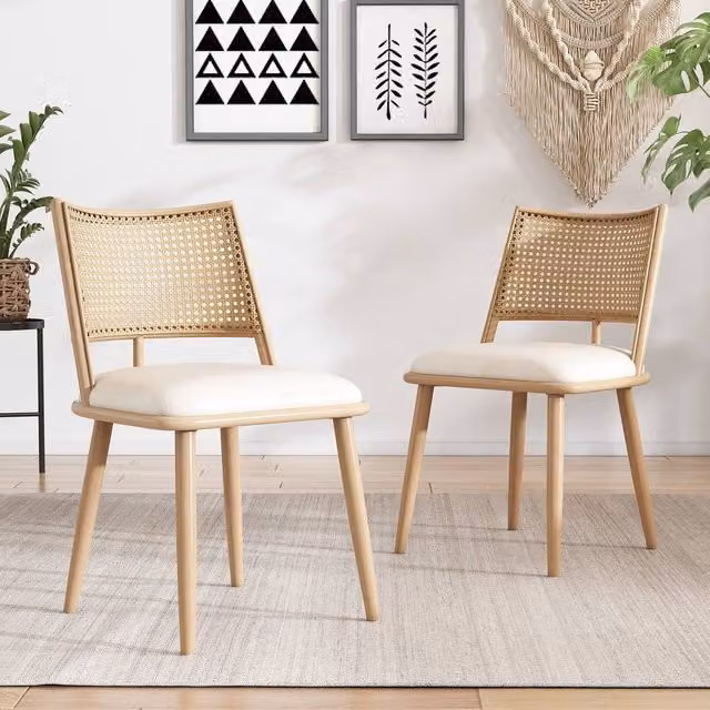 Merax Set of 2 Mid-Century Faux Rattan Dining Chairs with PU Leather Cushions in Beige