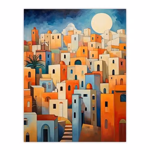 Artery8 Abstract Morocco Cityscape Unframed Wall Art Paper Poster in Orange and Blue