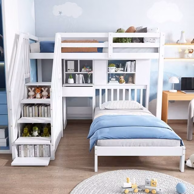 Merax L-Shaped Bunk Bed for Children in White with Stairs, Desk and Storage, W/D/H: 190 x 90 x 170 cm