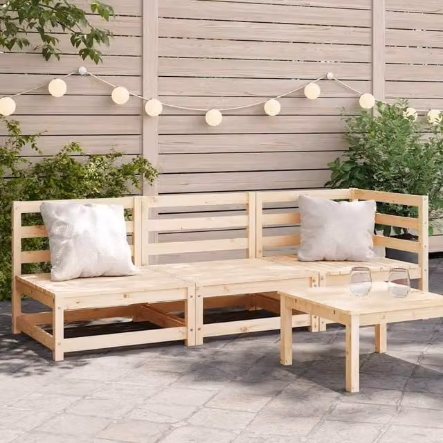 Berkfield Home 3-Seater Garden Sofa in Natural Solid Pine Wood with Cushions