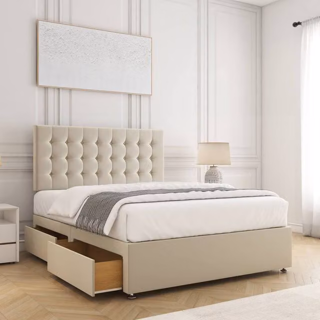 BSSPOKE Isla Plush Velvet Divan Bed Set with 24 inch Headboard, 4 Drawers and Mattress, Beige, W/D/H: 200 x 200 x 30.48 cm