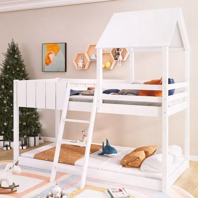 Aosom.UK White Wooden Mid Sleeper Bed with Treehouse Canopy, Ladder and Guard Rail for Children, W/D/H: 197.5 x 97 x 196 cm