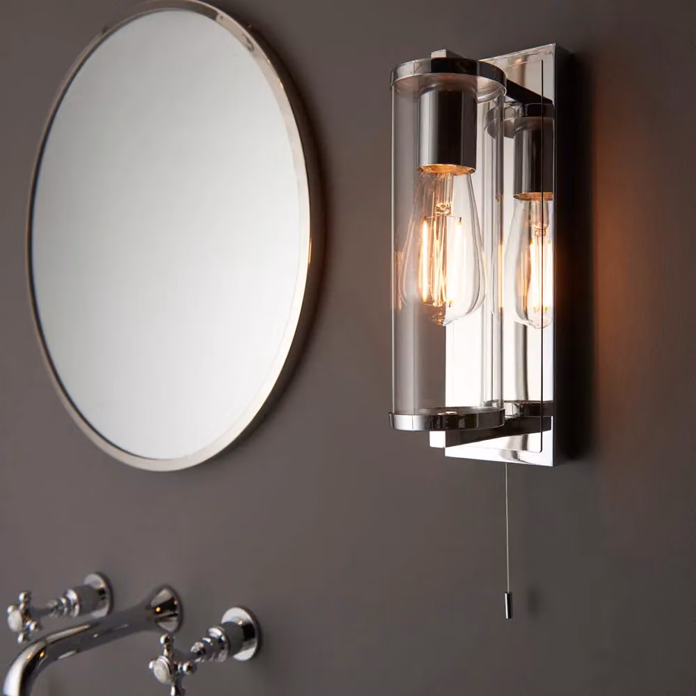 Loops Modern Chrome Bathroom Wall Light with Transparent Cylinder Glass Shade, IP44 Rated – 3